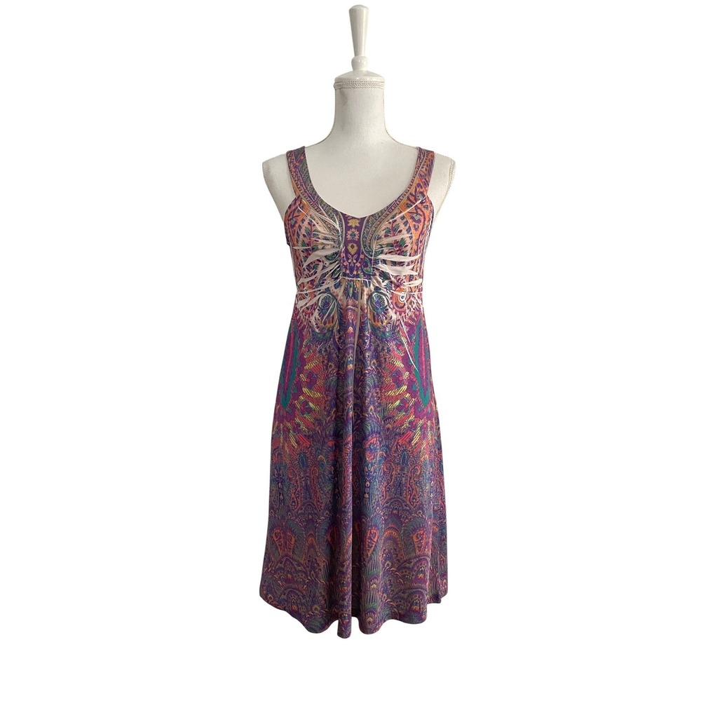 Boho Paisley Print V-Neck Sleeveless Empire Waist Midi Dress Purple Orange L